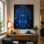 Buddah Painting - Blue Brocade Detail featuring a serene blue Buddha face with intricate brocade texture, displayed above a wooden console table with cozy living room decor.