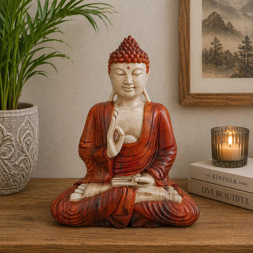 Hand Carved Buddha Statue - 30cm Teaching Transmission seated in meditation with detailed red and beige robe, placed on a wooden surface with a plant, candle, and framed artwork in the background.