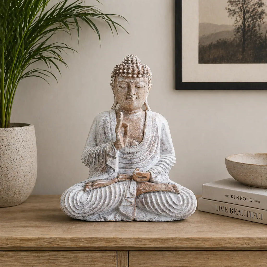 Buddha Statue Whitewash - 30cm Teaching Transmission in a peaceful home setting on a wooden surface beside neutral decor, showcasing serene meditation and hand-carved detail.