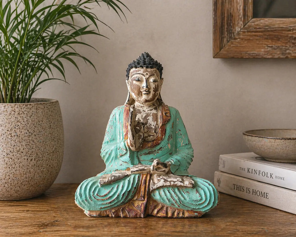 Vintage Mint Hand Carved Buddha Statue - 30cm - Teaching Transmission displayed on a wooden surface with a rustic plant pot and books in a calm, minimalist setting.