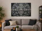 Set of 4 Grey Buddha Mandala Brocade Detail 30x40cm wall art featuring a serene Buddha face divided into four panels, enhancing calm and spiritual decor in a living room.