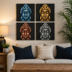 Set of 4 Buddha Heads Sand Detail 40x40cm wall hangings in blue, gold, bronze, and silver tones above a beige sofa with cushions, creating a serene living room decor.