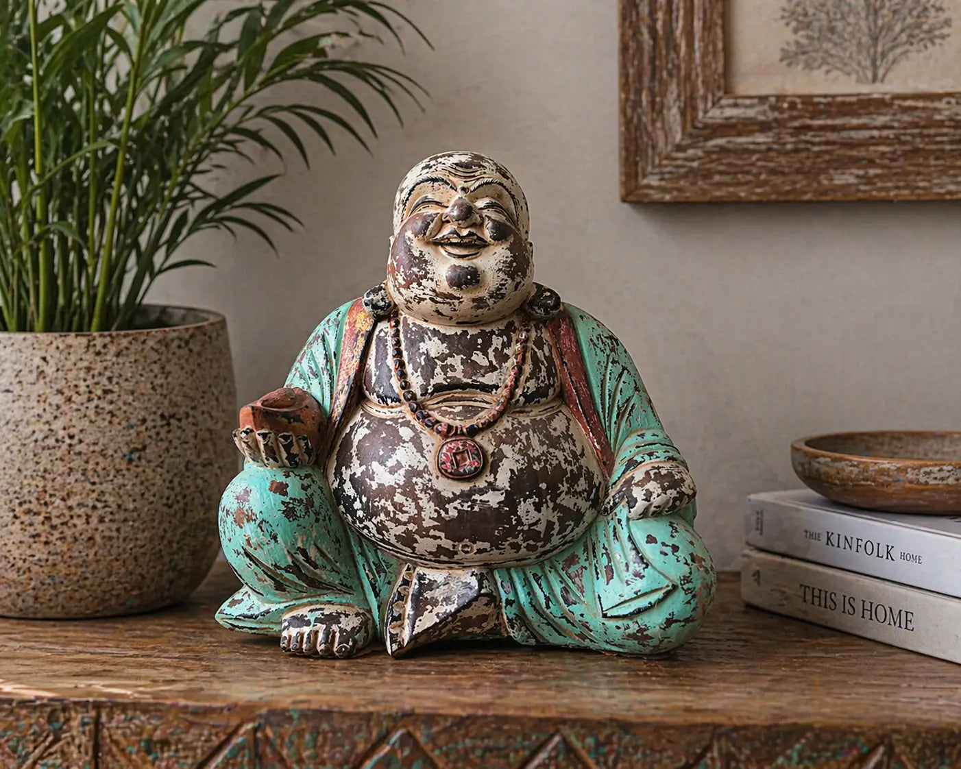 Vintage Mint Hand Carved Buddha Statue - 40cm - Happy Buddha with a distressed mint green and brown finish, sitting in a joyful pose on a carved wooden surface next to books and plant decor.