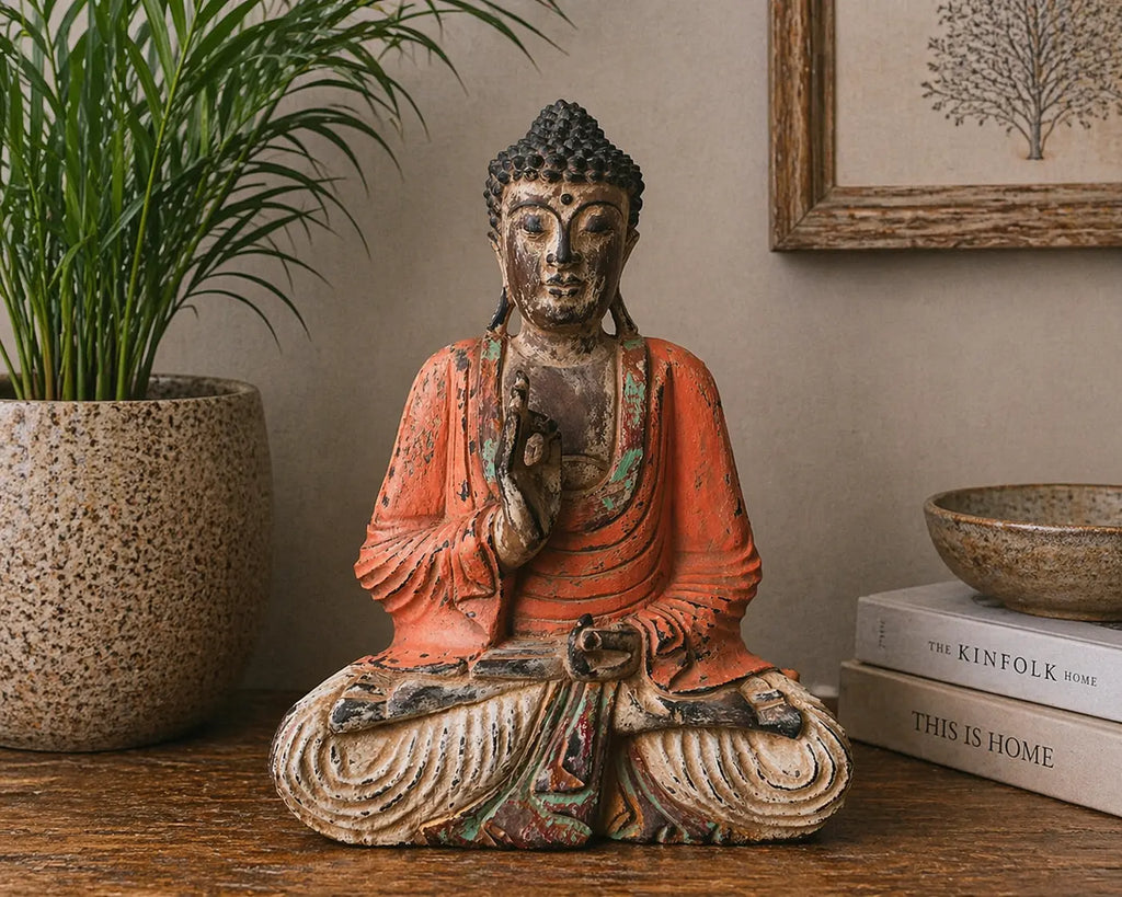 Vintage Orange Hand Carved Buddha Statue - 40cm - Teaching Transmission seated on a wooden surface, with intricate detailing and a serene expression, styled as Buddha decor in a cozy interior setting.