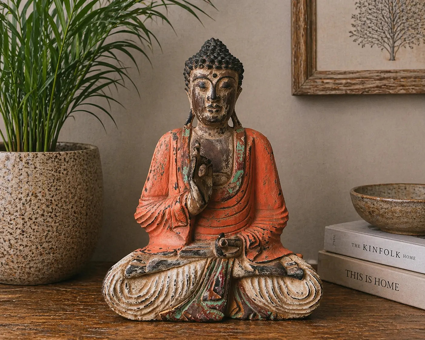 Vintage Orange Hand Carved Buddha Statue - 40cm - Teaching Transmission seated on a wooden surface, with intricate detailing and a serene expression, styled as Buddha decor in a cozy interior setting.