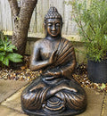 Large Antique Gold Buddha Meditation in Stupa - 1.5m statue in serene garden setting, depicting a hand-carved Buddha figure in meditation pose with antique gold finish.