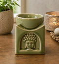Square Buddha Burner - Light Jade with a serene Buddha face carved on the front, crafted in a smooth light jade green finish, perfect for calm and peaceful décor.