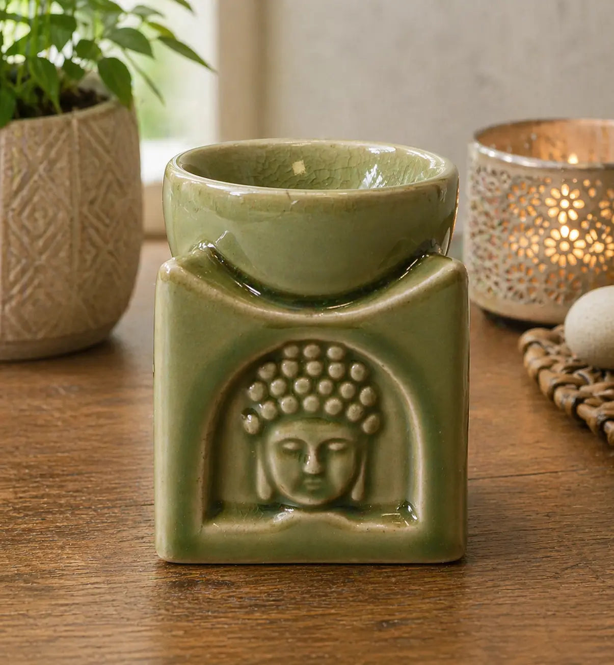 Square Buddha Burner - Light Jade with a serene Buddha face carved on the front, crafted in a smooth light jade green finish, perfect for calm and peaceful décor.