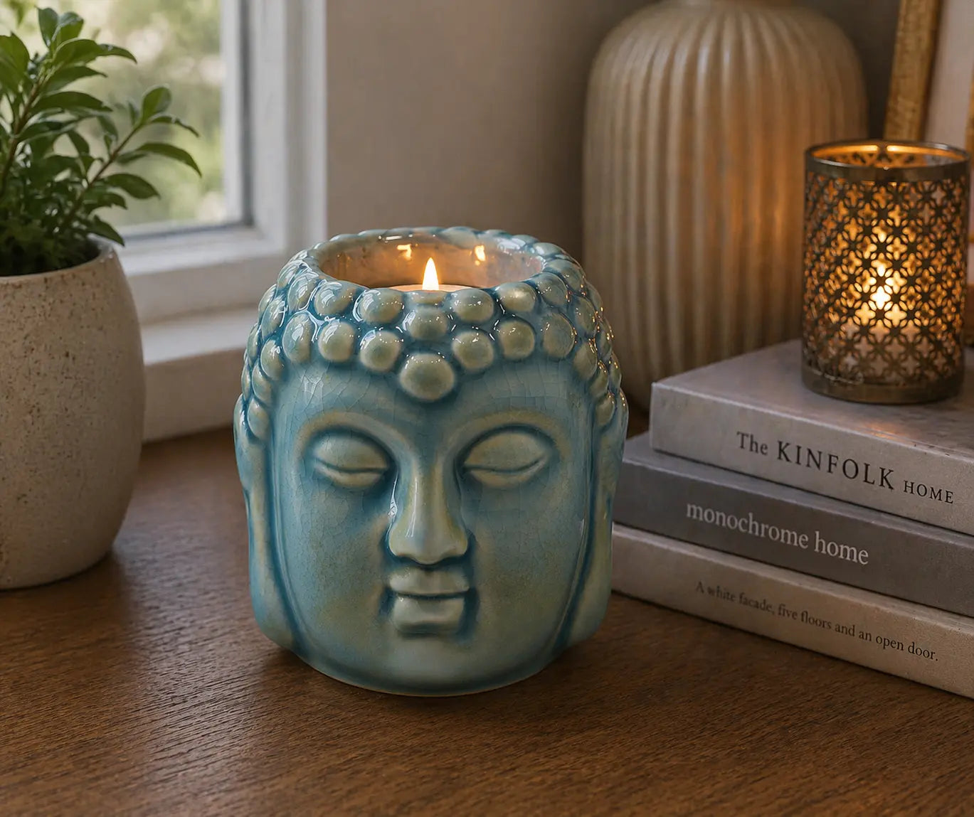Buddha Oil Burner - Blue ceramic oil burner shaped like a serene Buddha head, placed on a wooden surface near books and decorative candles for calming home decor.