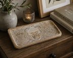 Long Tray 30x15x2.5cm - Buddha Face Whitewash with intricate Buddha head design and decorative patterns, displayed on wooden surface with a plant and candle for serene decor.