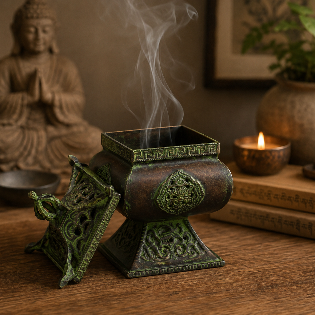 Brass Verdigris Tibetan Burner - Four Symbols Square Standing Pot
