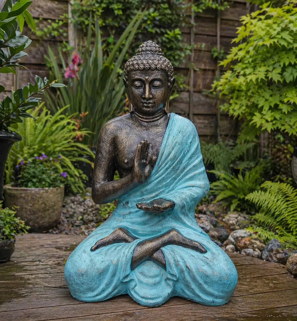 Large Turquoise & Stone Buddha Meditation in Stupa - 1.5m statue with a serene expression, seated in a meditative pose outdoors amidst green foliage.