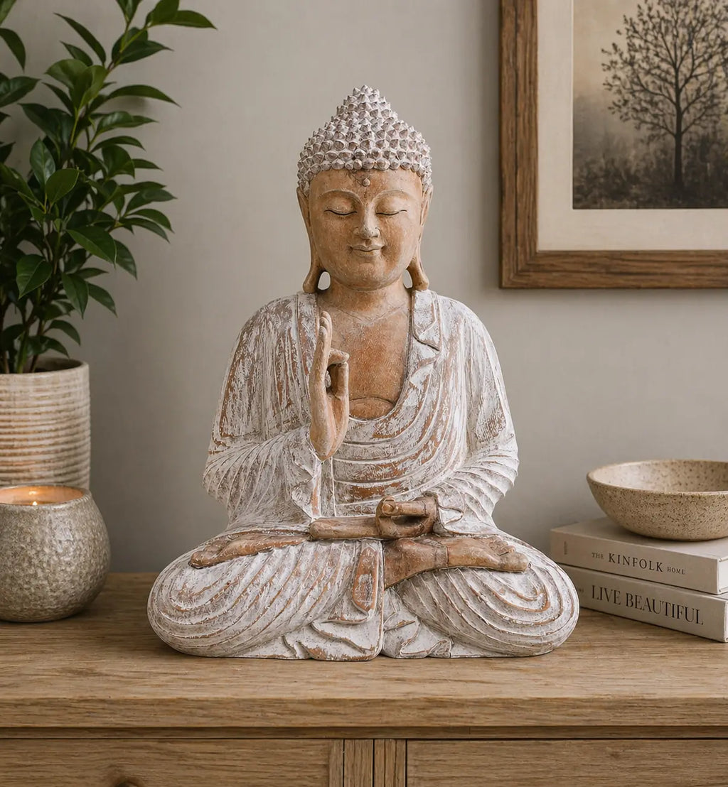 Buddha Statue Whitewash - 40cm Teaching Transmission seated on a wooden surface with rustic whitewashed finish, surrounded by minimalist home decor including a plant, candle, books, and a framed tree print.