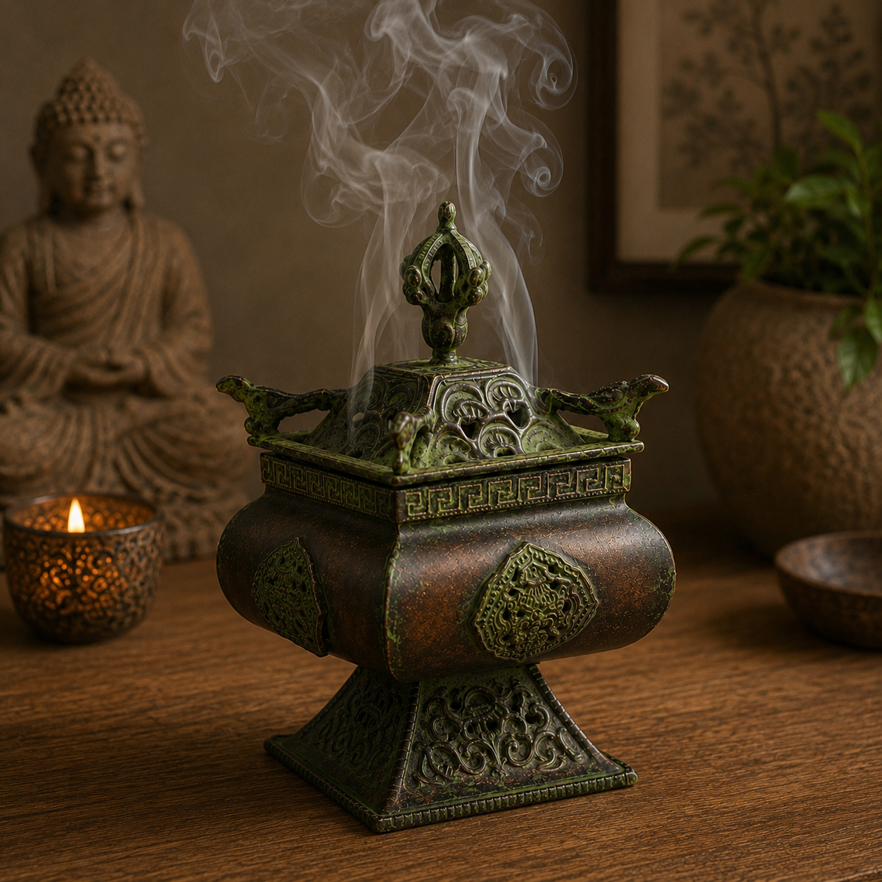 Brass Verdigris Tibetan Burner - Four Symbols Square Standing Pot