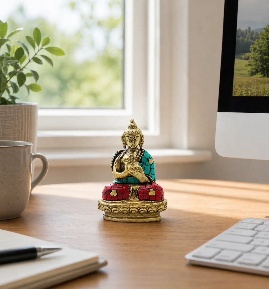 Brass Buddha Figure - Blessing - 7.5cm sitting on a wooden desk next to a notebook, pen, coffee mug, potted plant, and computer monitor with natural light from window.