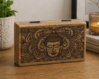 Med Square Box 17x10x4.2cm - Buddha Face Black Engraved wooden box with detailed Buddha face and intricate floral patterns, ideal for Buddha decor and meditation spaces.