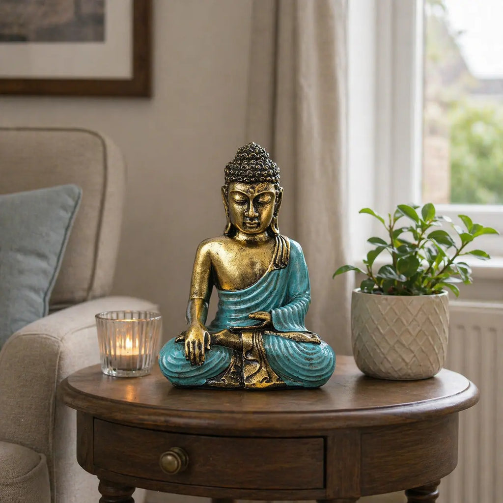 Teal & Gold Buddha - Large resin Buddha statue sitting in meditation pose on a wooden side table, styled with a potted plant and lit candle in a cozy living room setting.