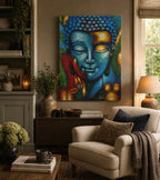 Buddha Painting - Blue & Gold Flower 75x55cm hanging on a warm, cozy living room wall above a wooden side table with decorative plants and soft lighting creating a peaceful atmosphere.
