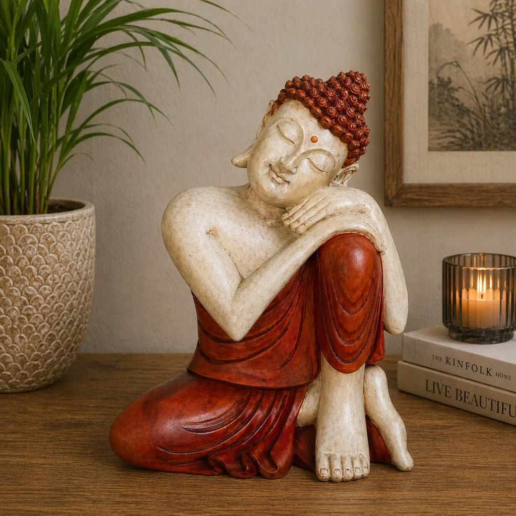 Hand Carved Buddha Statue - 30cm Thinking depicting a serene Buddha figure with detailed red robes and peaceful expression, placed on a wooden surface beside a plant and candle.