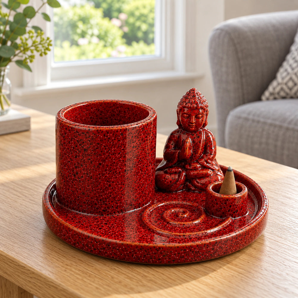 Multi Purpose Buddha Incense Burner & Holder Plate - Ceramic Soft Red