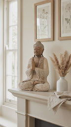 Hand Carved Wooden Buddha Sitting Statue Whitewash - 40cm Welcome