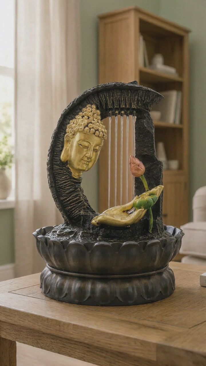 Tabletop Water Feature - 30cm - Golden Buddha & Lotus
