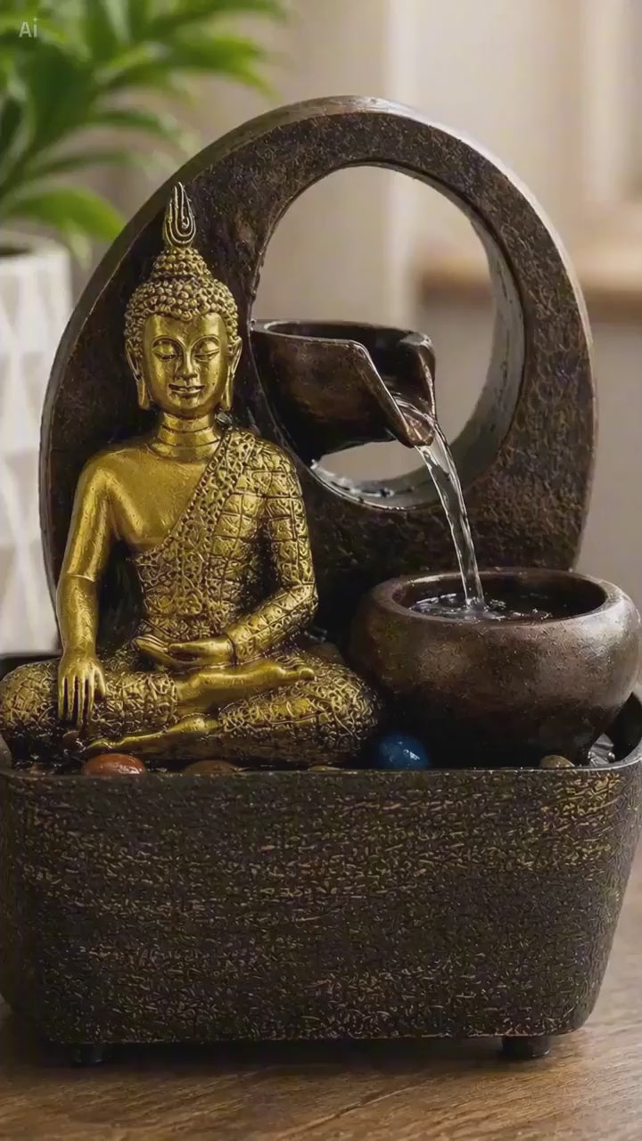 Tabletop Water Feature - 21.5cm - Golden Buddha & Pots