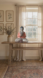 Vintage Orange Hand Carved Wooden Buddha Sitting Statue - 30cm - Welcome