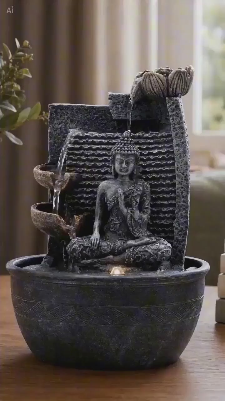 Tabletop Water Feature - 19x19x28cm - Buddha, Lotus Flower Cascading Potsx