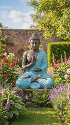 Large Outdoor Garden Buddha Meditation Statue in Stupa - Turquoise & Stone - 1.5m