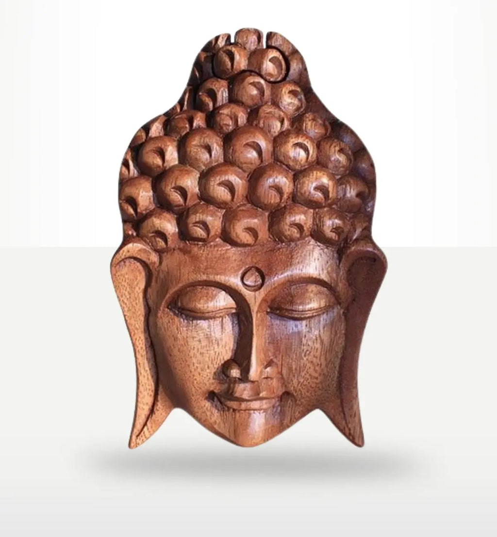 Bali Magic Box - Buddha Head handcrafted from wood, featuring detailed curls and serene facial expression, ideal for Buddha decor and tabletop display.