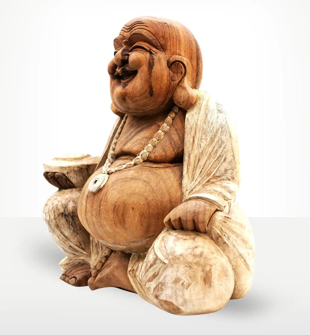 Happy Buddha - Whitewash 40cm hand carved wooden statue with a joyful expression, featuring detailed whitewashed robe and beaded necklace for elegant Buddha decor.