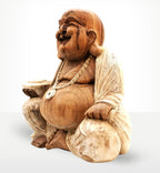 Carved wooden Happy Buddha - Whitewash 40cm statue with detailed joyful expression, wearing a necklace, and sitting in a relaxed pose with a distressed whitewashed finish.