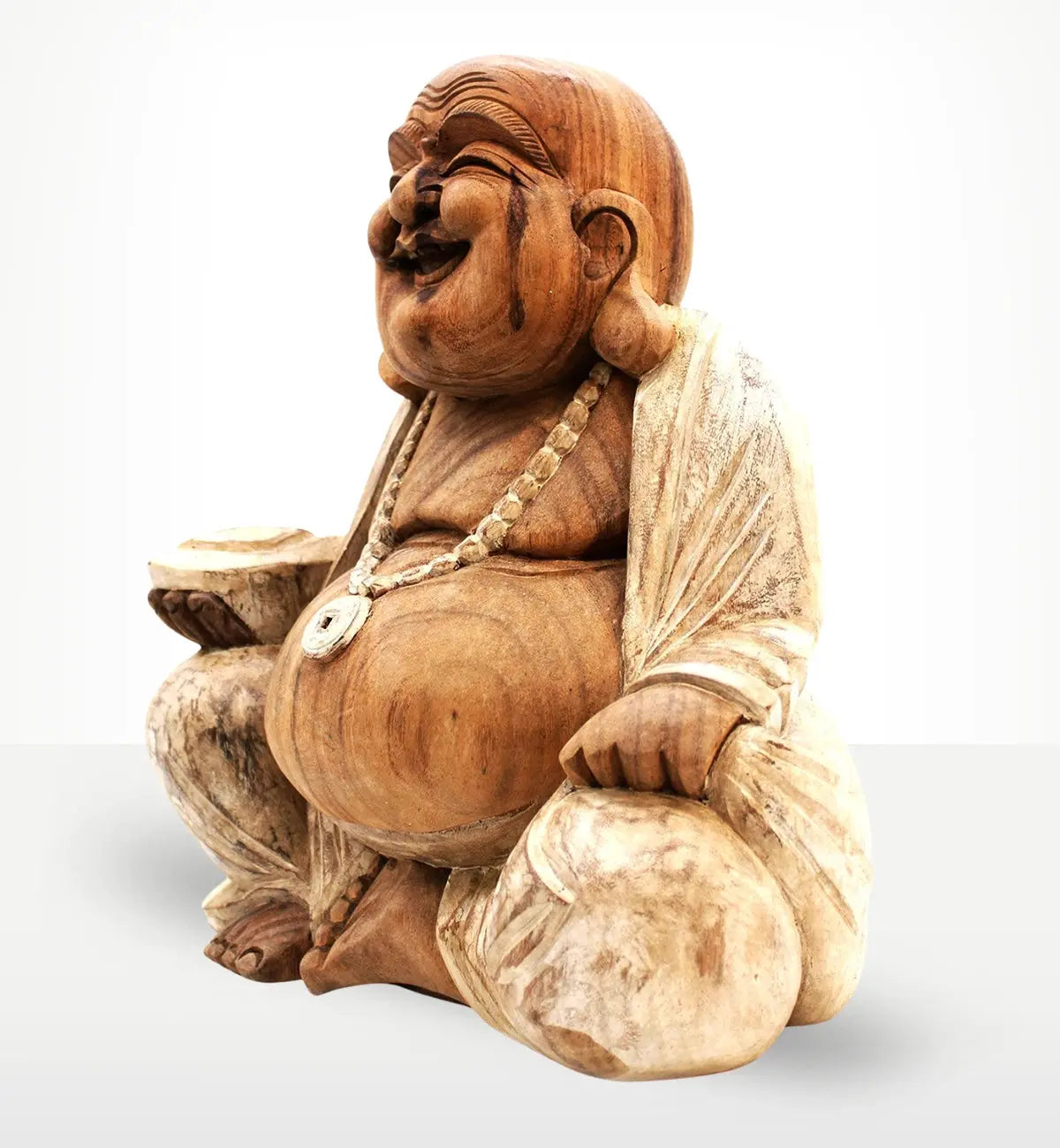 Happy Buddha - Whitewash 40cm hand carved wooden statue with a joyful expression, featuring detailed whitewashed robe and beaded necklace for elegant Buddha decor.