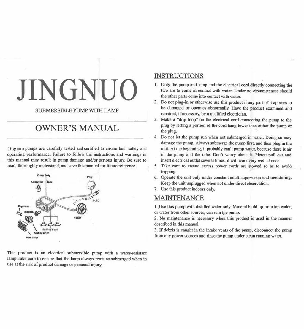 Instruction manual page for a Jingnuo submersible pump with lamp featuring safety guidelines, installation steps, maintenance instructions, and a labeled diagram of pump parts, related to the Tabletop Water Feature - 35cm - Silver Buddha Cascade & Crystal Ball.
