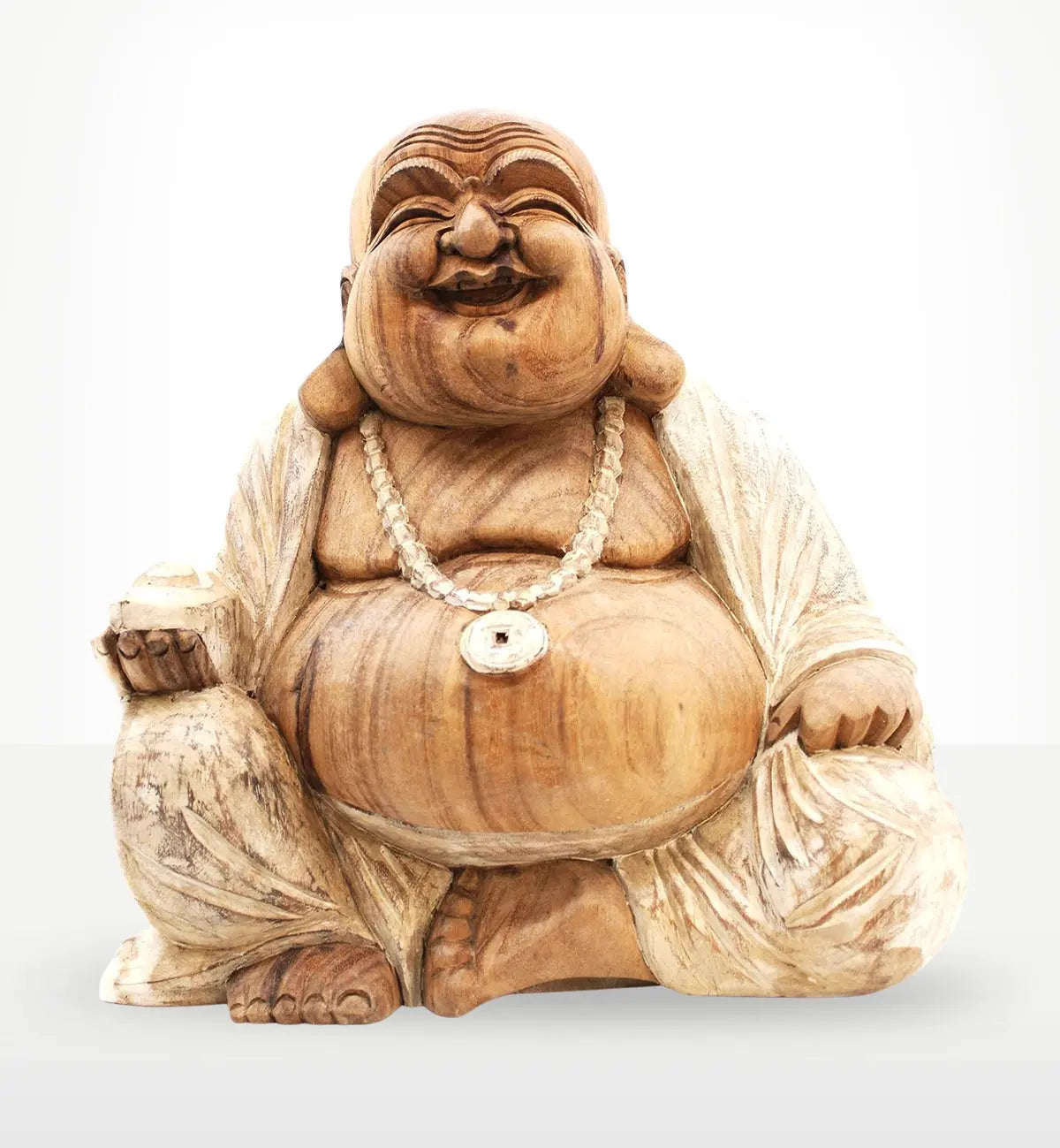 Happy Buddha - Whitewash 40cm is a hand-carved Buddha statue with a joyful expression, sitting cross-legged, featuring a natural wood finish with whitewash accents and a beaded necklace.