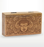 Med Square Box 17x10x4.2cm - Buddha Face Black Engraved wooden box featuring an intricately engraved Buddha head with a detailed decorative background, perfect for Buddha decor.