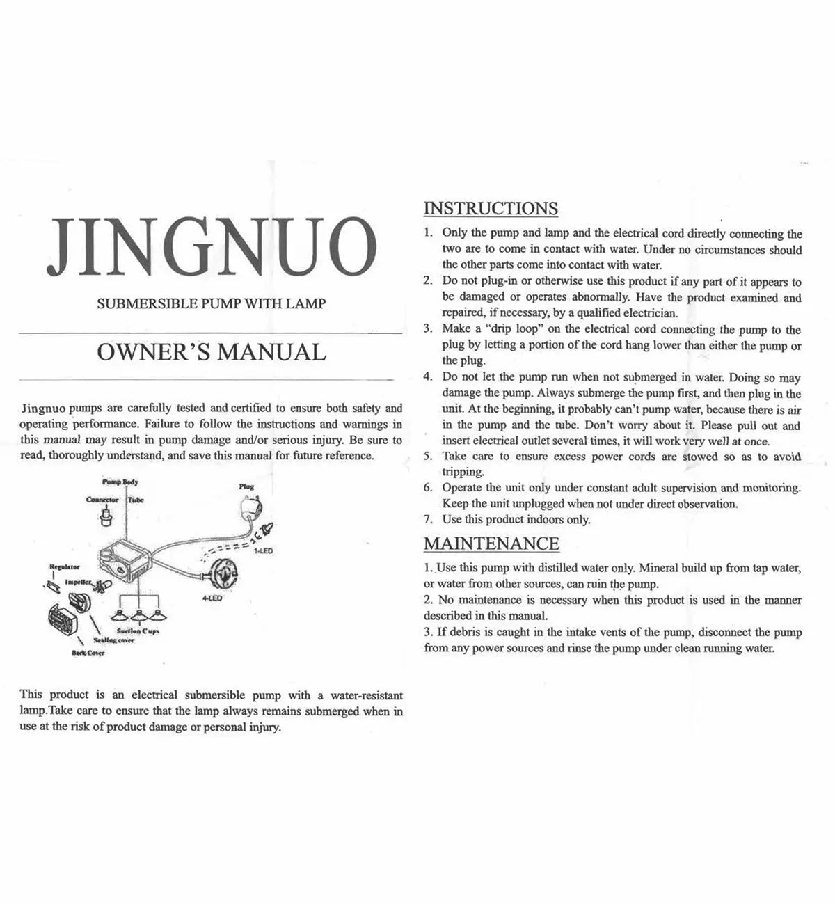 Owner's manual page for a Jingnuo submersible pump with lamp, showing safety instructions, usage guidelines, maintenance tips, and a labeled diagram of the pump components.