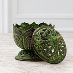 Small brass verdigris Tibetan lotus incense burner with the floral pierced lid removed, showing the open bowl.