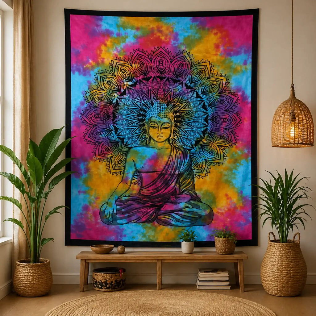 Double Cotton Bedspread + Wall Hanging - Peaceful Buddha features a vibrant tie-dye background with a detailed black Buddha figure and intricate mandala design, displayed in a cozy natural room setting.