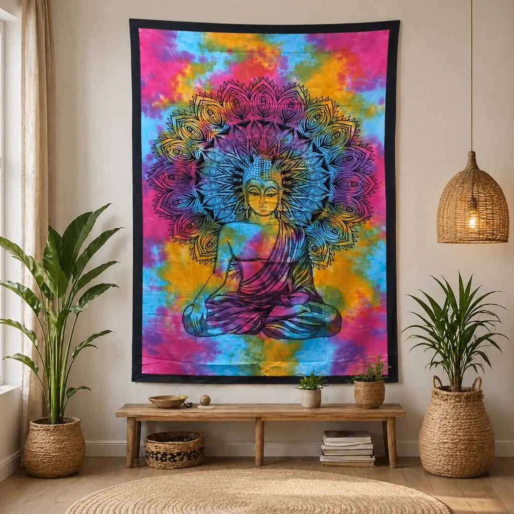 Single Cotton Bedspread + Wall Hanging - Peaceful Buddha featuring a vibrant, multicolored tie-dye design with a detailed meditating Buddha surrounded by mandala patterns, displayed in a cozy, natural-toned living space.