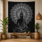 B&W Double Cotton Bedspread + Wall Hanging - Buddha featuring a serene Buddha figure in black and white with intricate mandala patterns, displayed on a wall surrounded by natural decor.