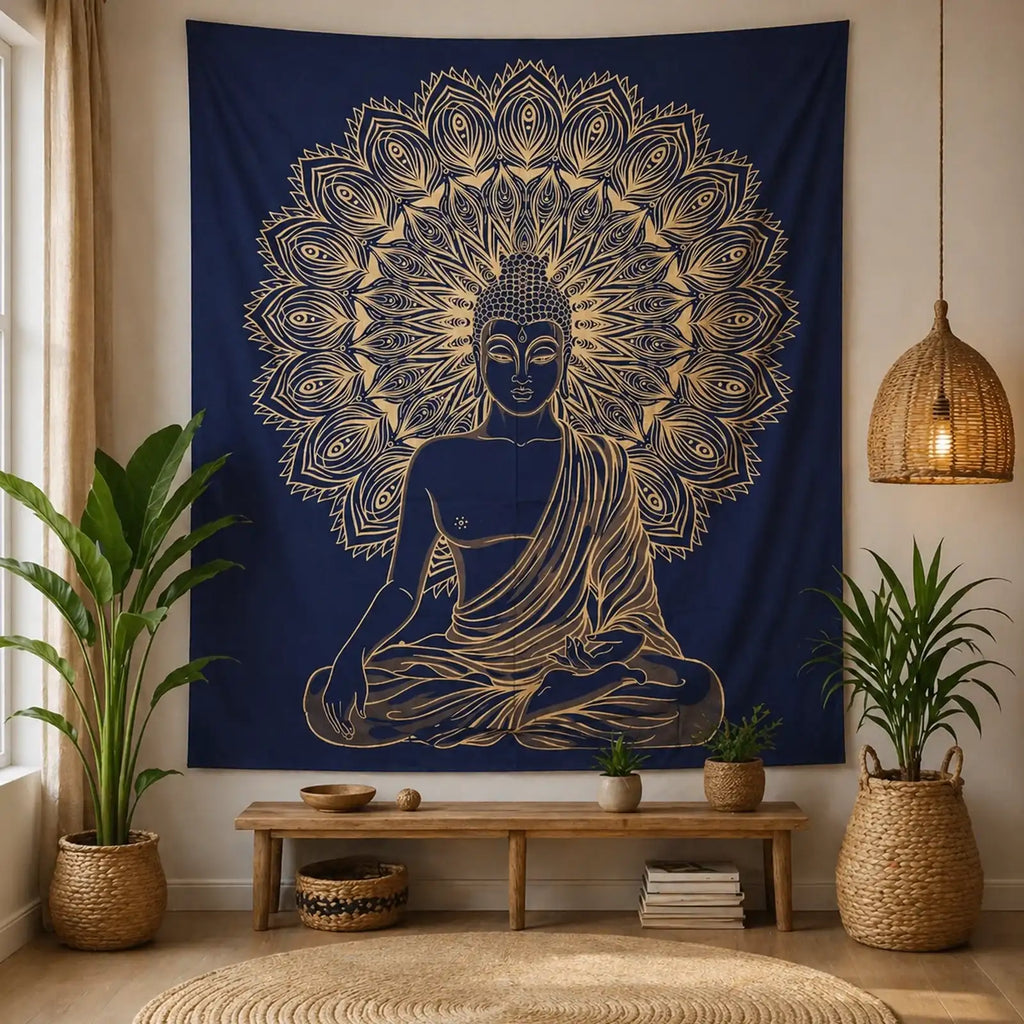 Double Cotton Bedspread + Wall Hanging - Buddha - Blue Gold featuring an intricate gold Buddha design on a deep blue background, styled in a serene, natural-toned room with plants and woven decor.
