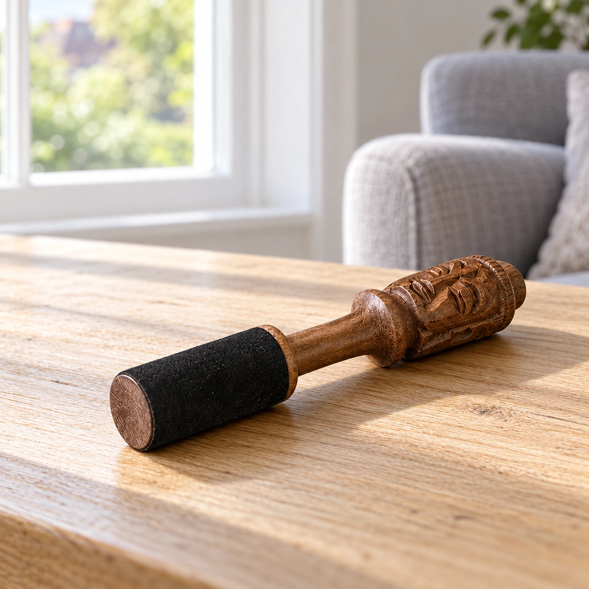 Singing Bowl Wooden Striker - 14cm - Buddha Carving in a bright British sitting room