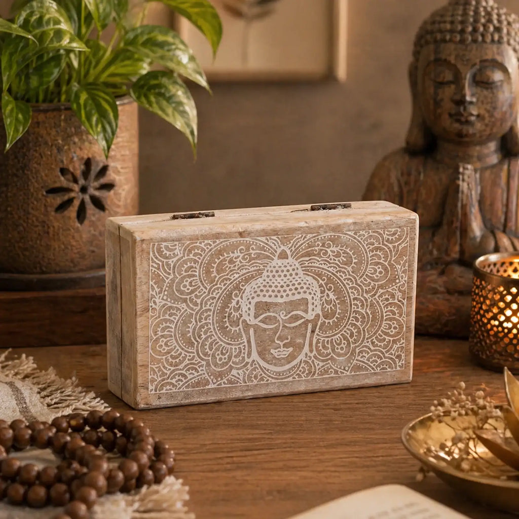 Med Square Box 17x10x4.2cm - Buddha Face Whitewash featuring a whitewashed wood finish with intricate Buddha face carving, ideal for Buddha decor and spiritual settings.