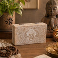 Med Square Box 17x10x4.2cm - Buddha Face Whitewash featuring a whitewashed wood finish with intricate Buddha face carving, ideal for Buddha decor and spiritual settings.