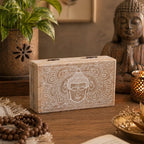 Med Square Box 17x10x4.2cm - Buddha Face Whitewash featuring a whitewashed wood finish with intricate Buddha face carving, ideal for Buddha decor and spiritual settings.