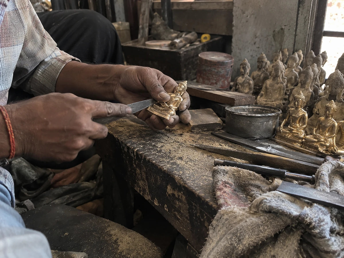 An artisan finishing a brass Buddha statue in India
